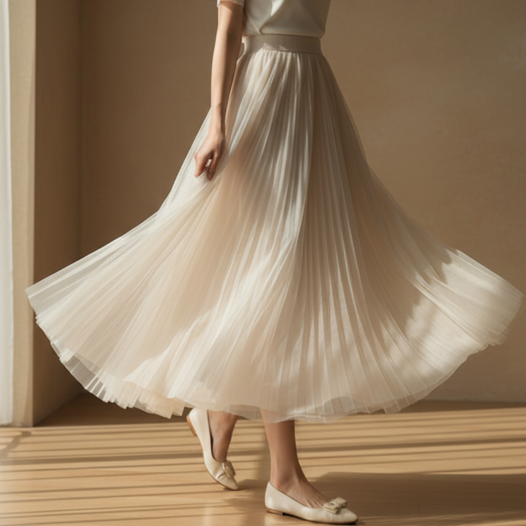 Pleated Mesh Midi Skirt for Everyday Elegance