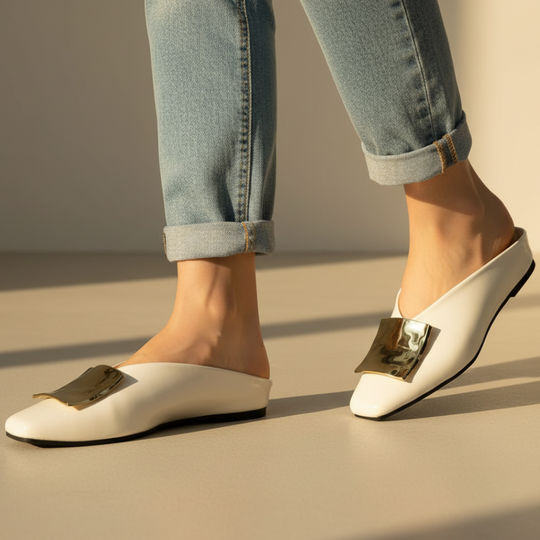 Square Toe Metal Buckle Slip On Mules for Casual Wear