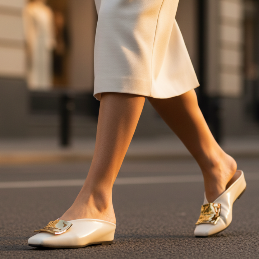 Square Toe Metal Buckle Slip On Mules for Casual Wear