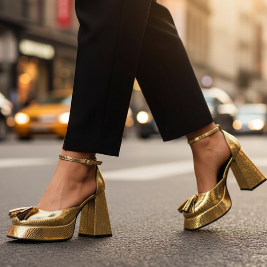 Metallic Tassel Square-Heel Heels for Evening Occasions