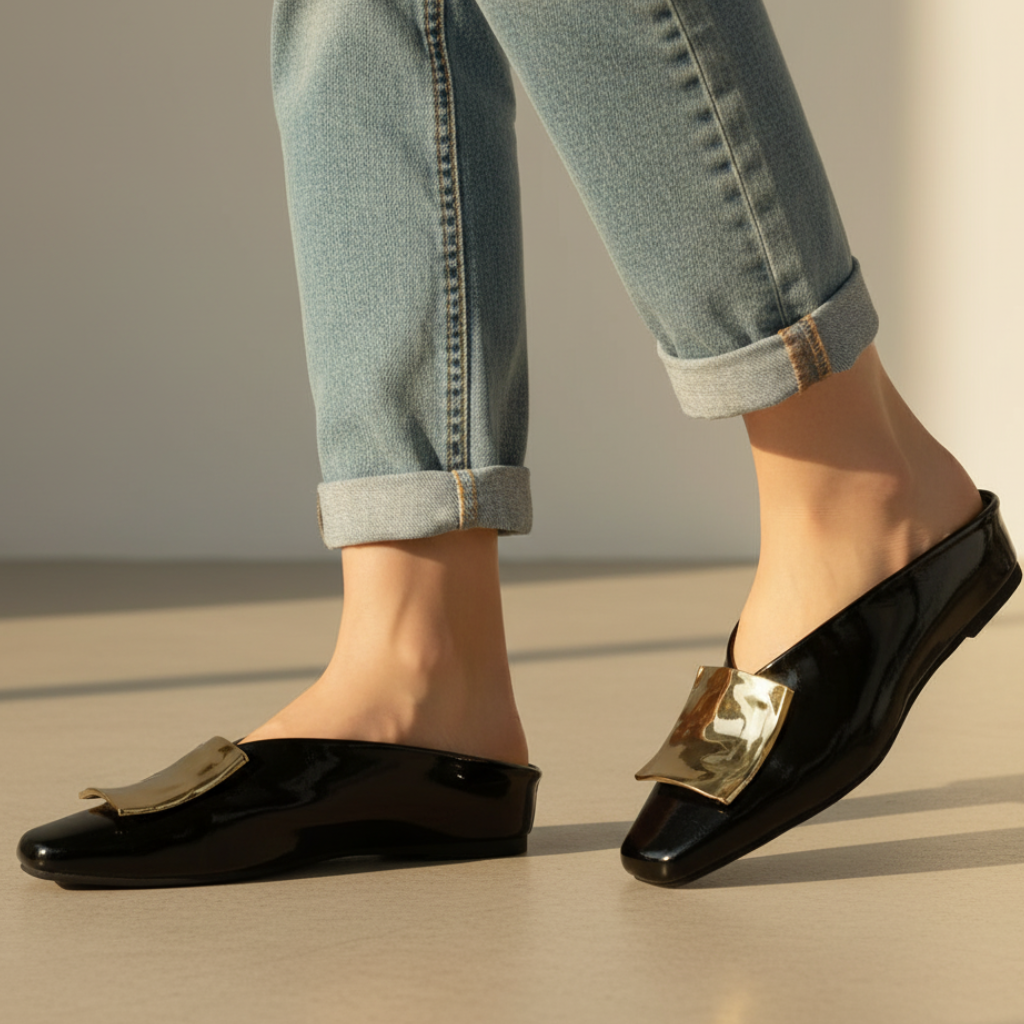 Square Toe Metal Buckle Slip On Mules for Casual Wear