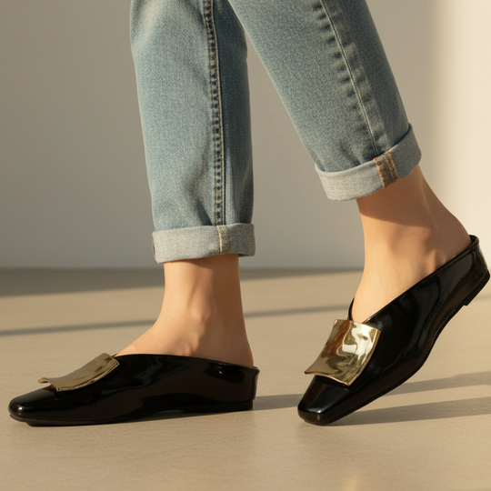 Square Toe Metal Buckle Slip On Mules for Casual Wear