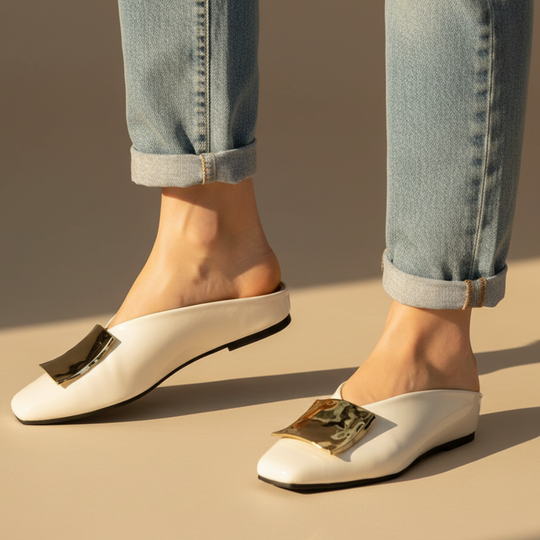 Square Toe Metal Buckle Slip On Mules for Casual Wear