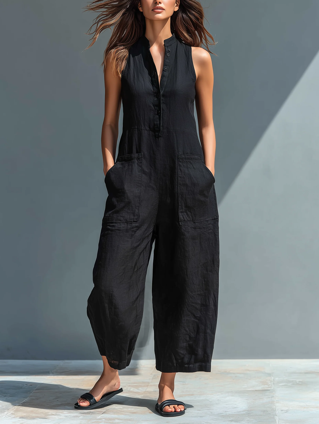 Black Sleeveless Loose-Fitting Jumpsuit for Everyday Wear