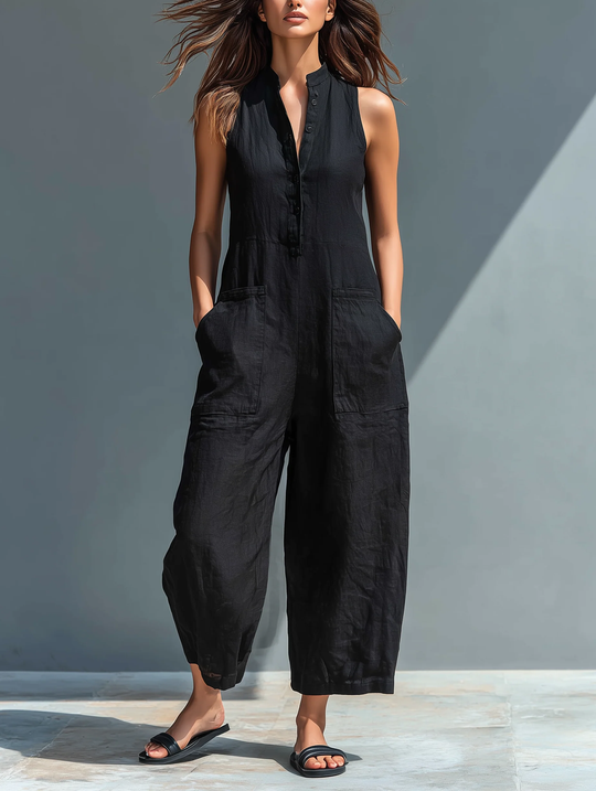 Black Sleeveless Loose-Fitting Jumpsuit for Everyday Wear