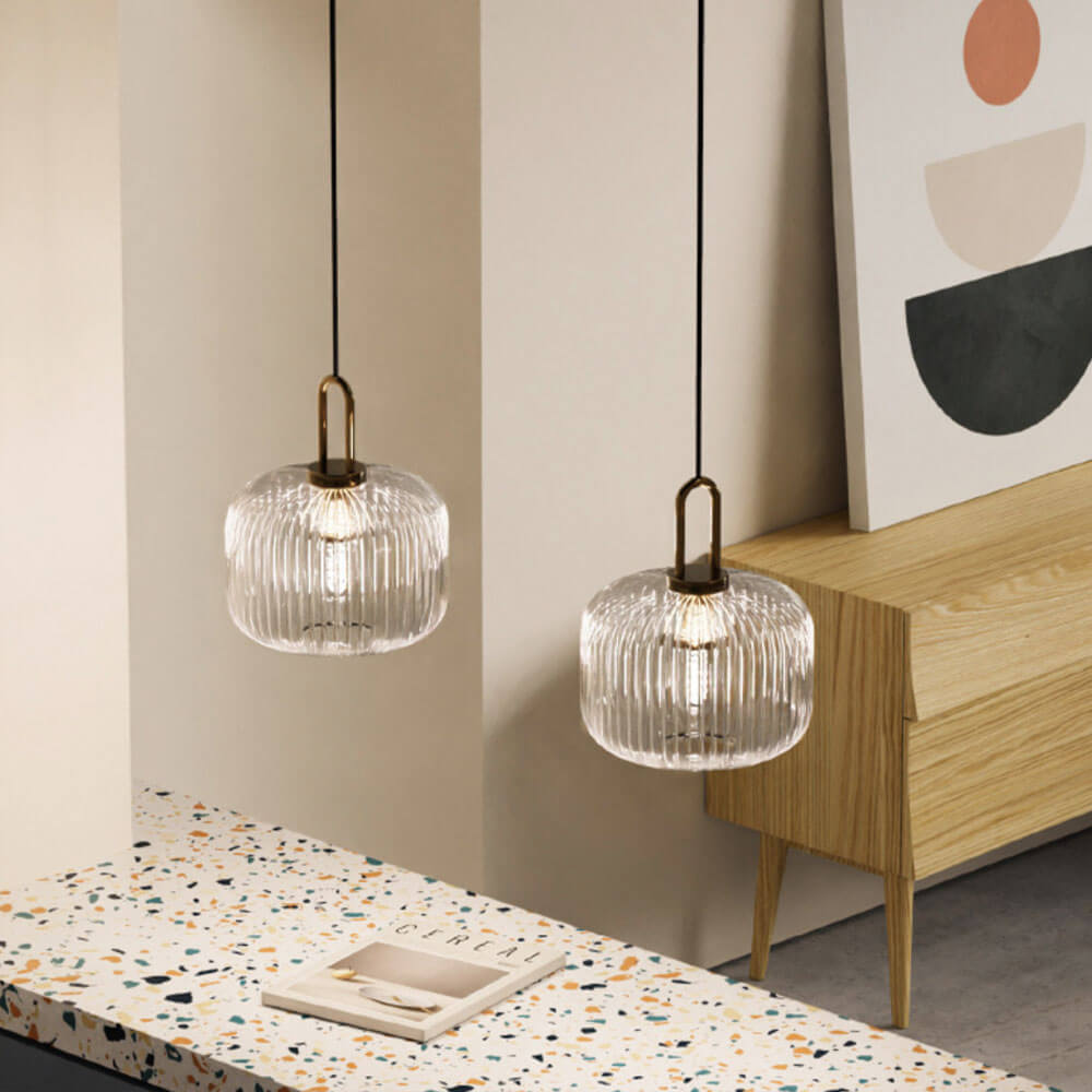 Nordic Ribbed Glass Pendant Light for Dining Room