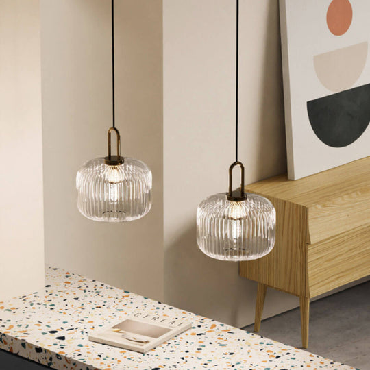 Nordic Ribbed Glass Pendant Light for Dining Room