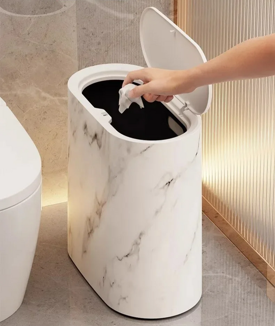 White marble bin with open lid