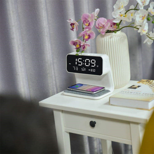 Modern 3-in-1 Bedside Lamp with Wireless Charger and Alarm Clock