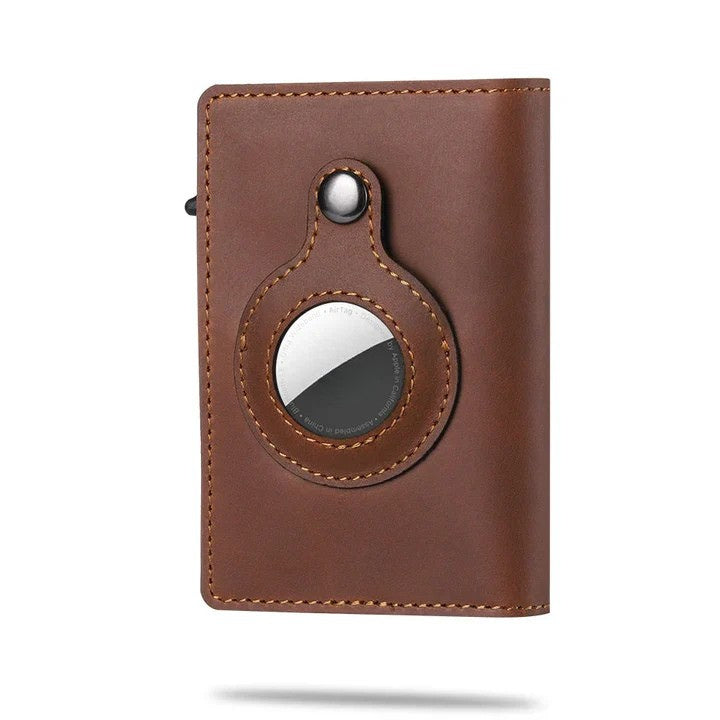 Brown leather AirTag card wallet