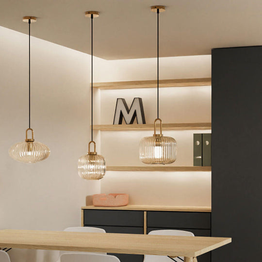 Nordic Ribbed Glass Pendant Light for Dining Room