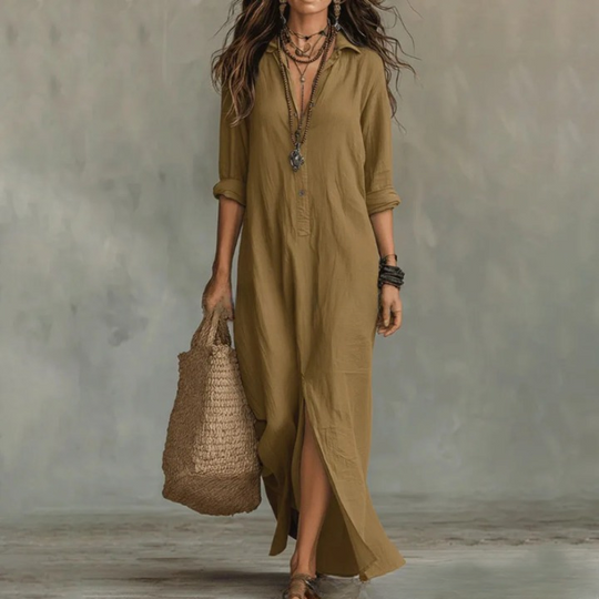 Relaxed Cotton Turn Down Collar Maxi Shirt Dress for Summer and Beach