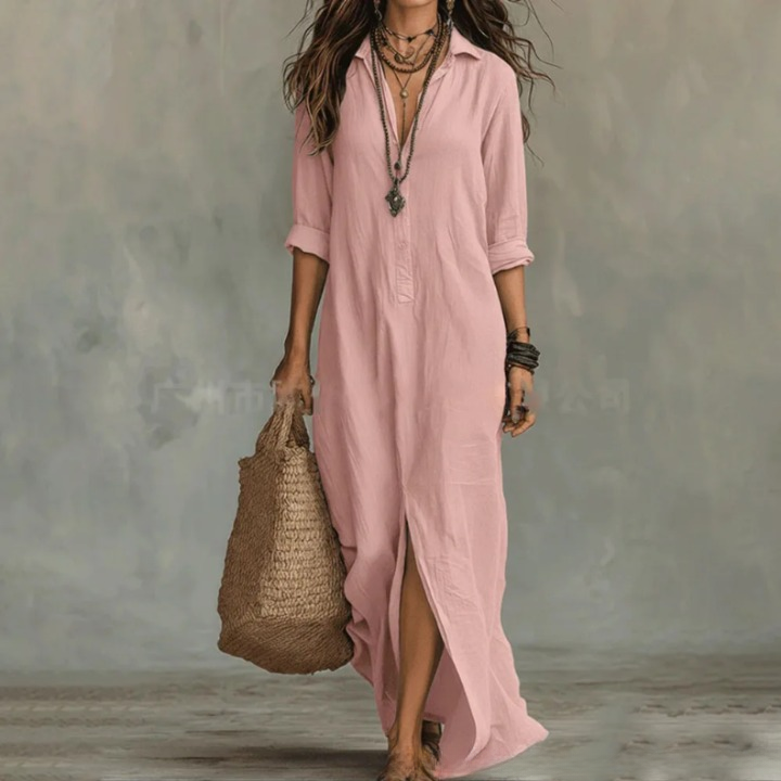 Relaxed Cotton Turn Down Collar Maxi Shirt Dress for Summer and Beach