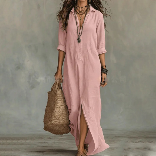 Relaxed Cotton Turn Down Collar Maxi Shirt Dress for Summer and Beach
