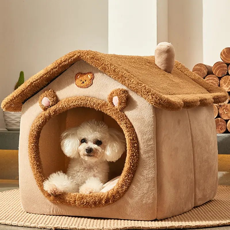 Plush enclosed pet house bed with a small dog inside