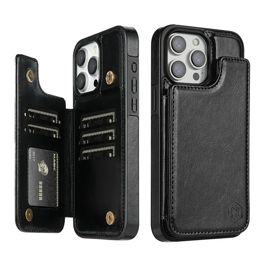 Leather Phone Case with Card Slots and Magnetic Closure