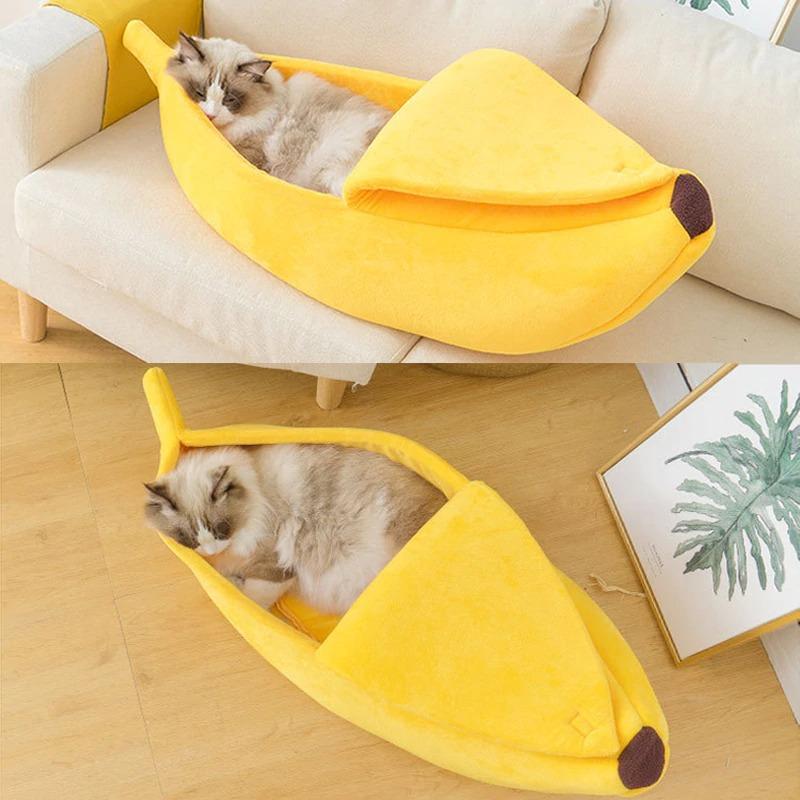 Yellow banana shaped cat bed with cat