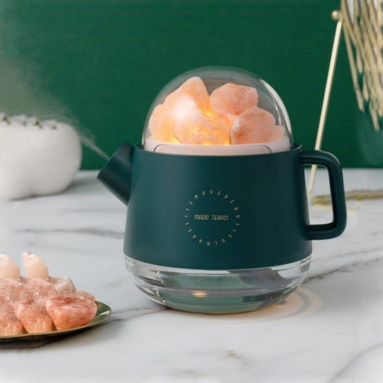 Green teapot humidifier with salt rocks lifestyle
