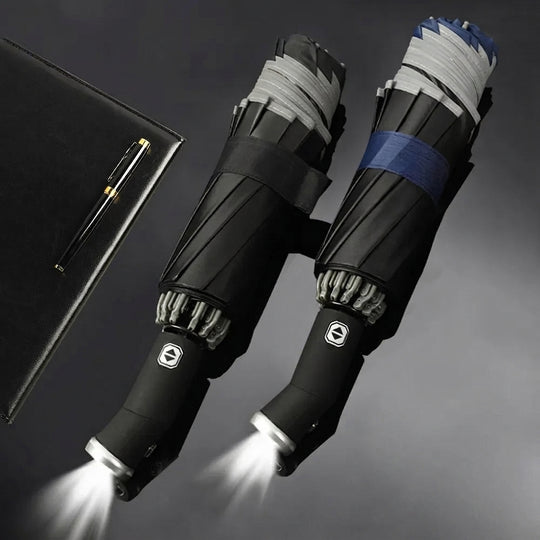 Reverse umbrellas with handle flashlights