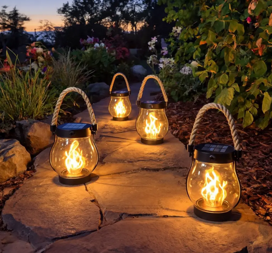 Solar Flickering Flame Lantern with Hemp Rope Handle for Garden and Patio