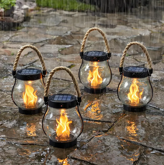 Solar Flickering Flame Lantern with Hemp Rope Handle for Garden and Patio