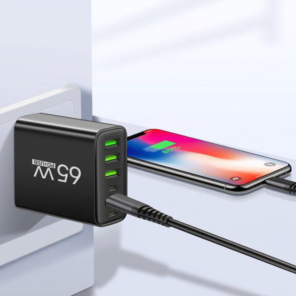 65W Six-Port USB Fast Charging Wall Adapter for Phones and Tablets