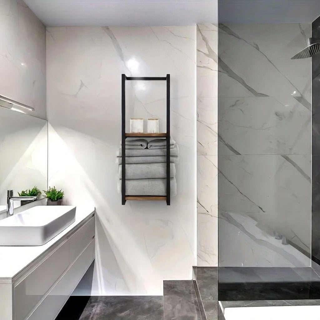 Towel rack in a modern marble bathroom
