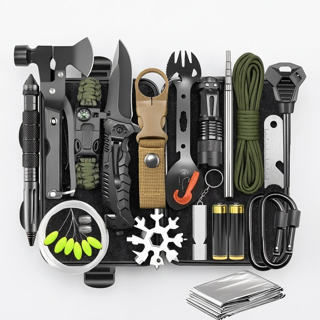 Compact All in One Camping Survival Gear Kit for Outdoor Emergencies