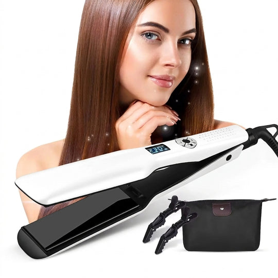 Woman with sleek hair and ceramic straightener