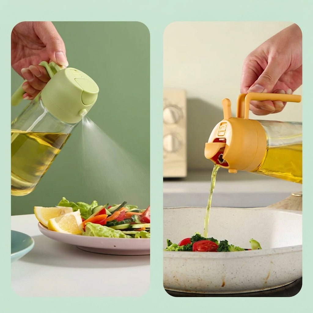 Oil bottle spraying salad and pouring into a pan