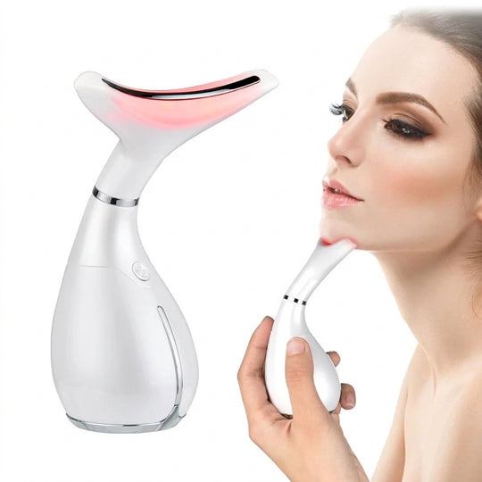 Woman using LED neck lifting massager