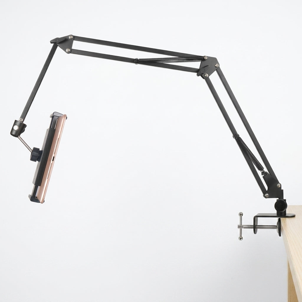 Fully extended long arm tablet mount clamped to a desk