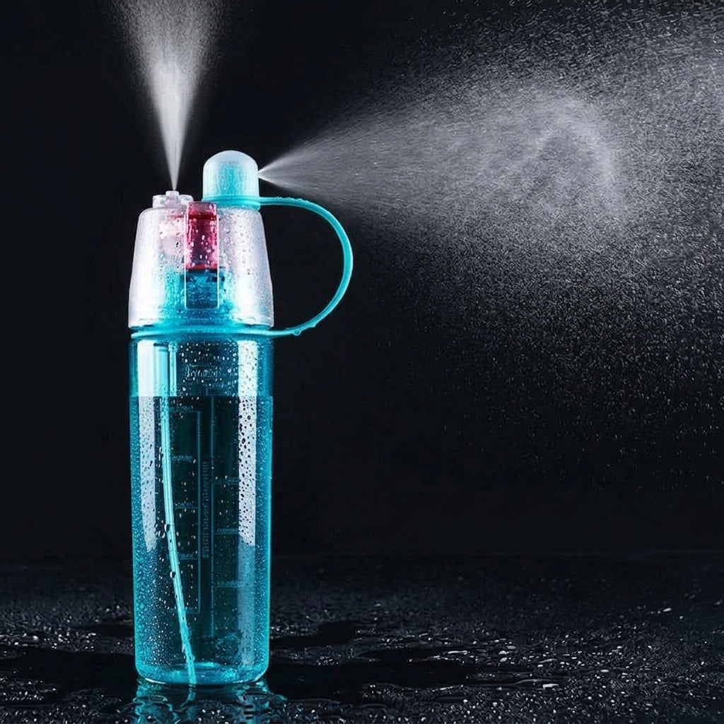 Blue spray bottle releasing a cooling mist