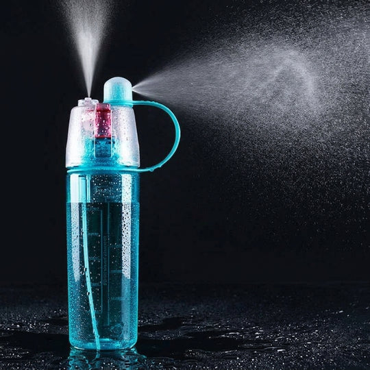 Blue spray bottle releasing a cooling mist