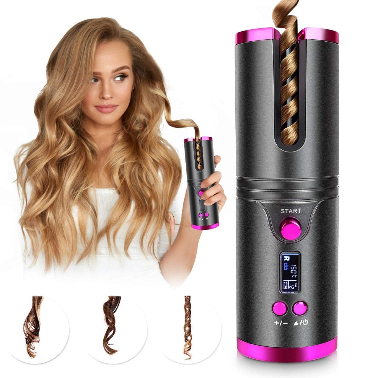 Pink cordless automatic hair curler with model