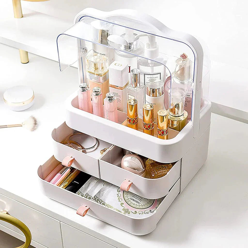 Clear Lidded Cosmetic Organizer with Handle for Vanity Storage