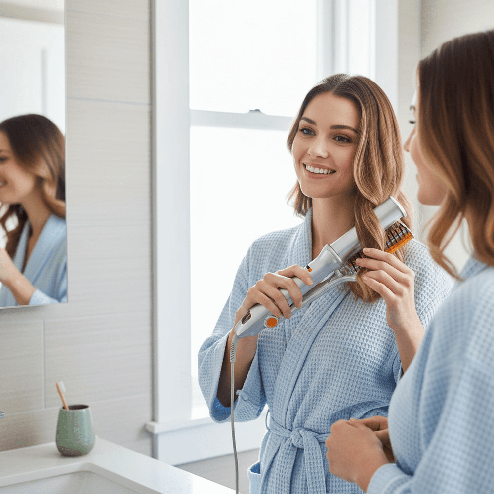 Woman styling hair with rotating brush