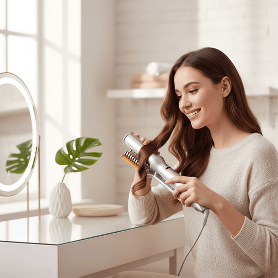 Styling hair at vanity with hot air brush