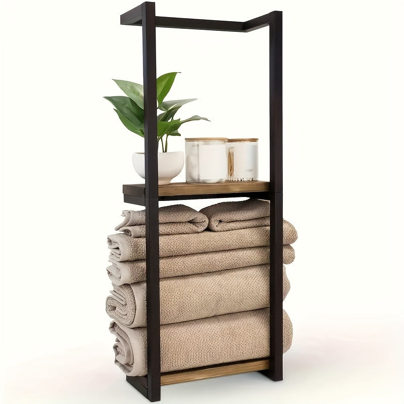Black metal wall towel rack with wood shelf