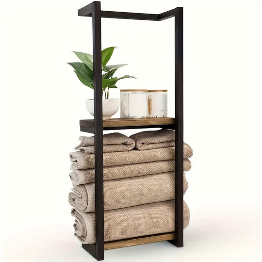 Black metal wall towel rack with wood shelf