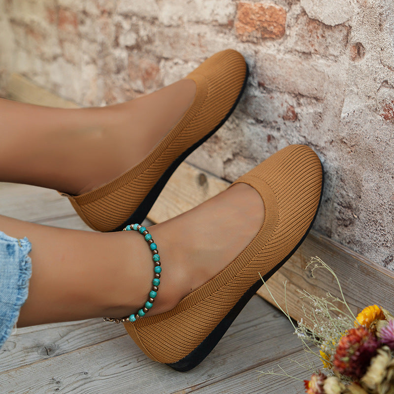 Soft Knit Round-Toe Ballet Flats for Women with Cushioned Sole