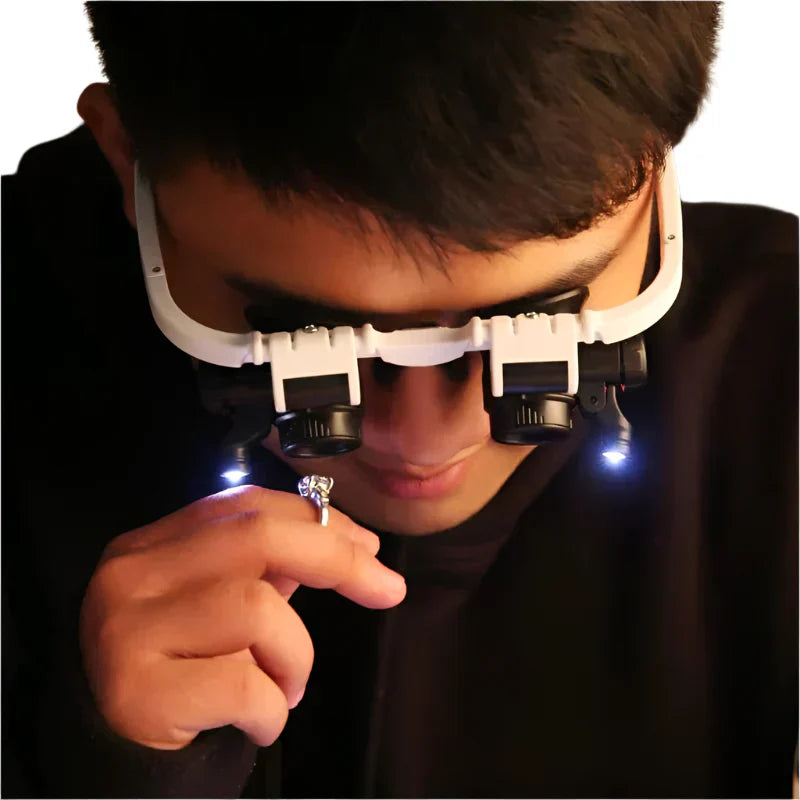 Person wearing LED magnifier headset