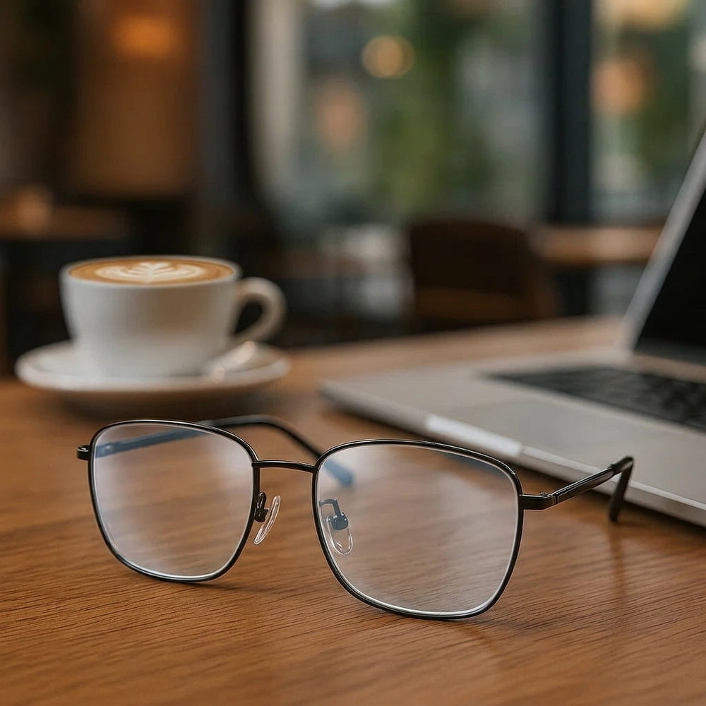 Reading glasses on a cafe table