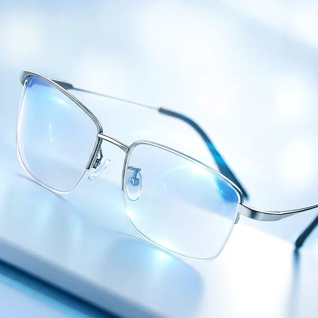 Metal frame reading glasses closeup
