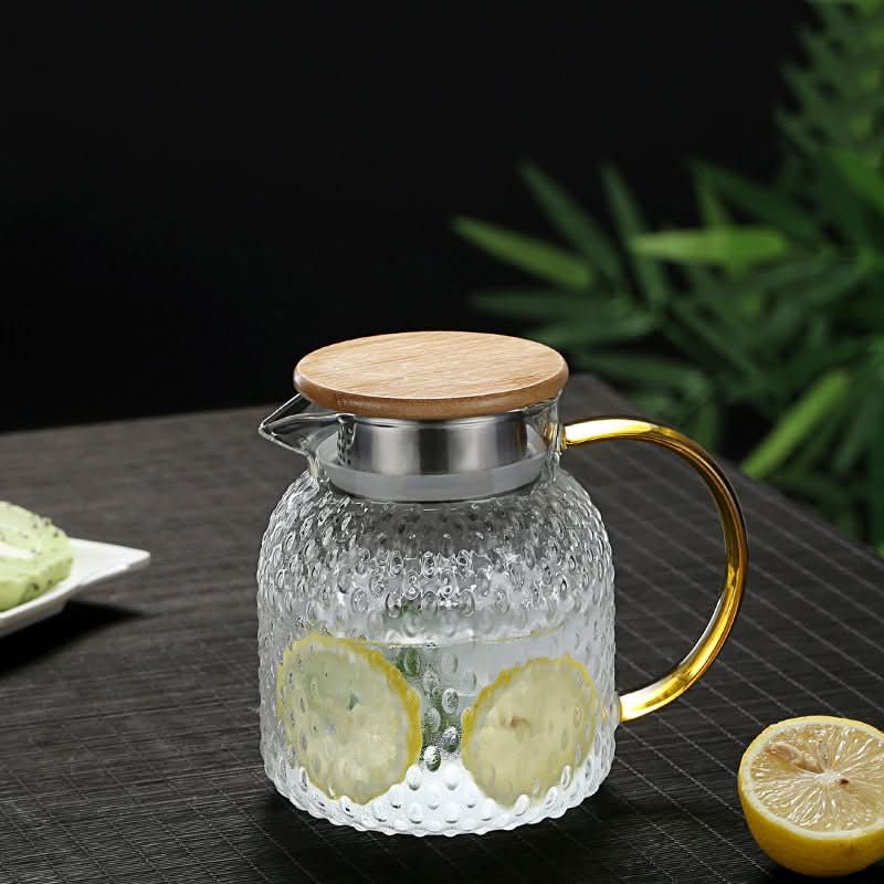 Heat Resistant Textured Glass Pitcher with Bamboo Lid for Hot and Cold Drinks