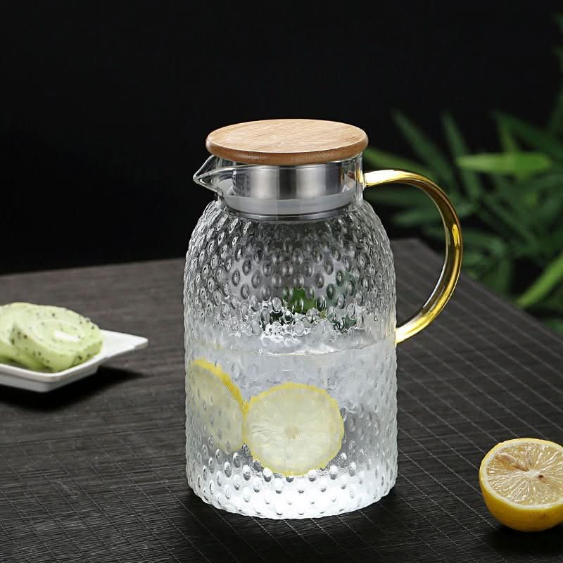 Heat Resistant Textured Glass Pitcher with Bamboo Lid for Hot and Cold Drinks