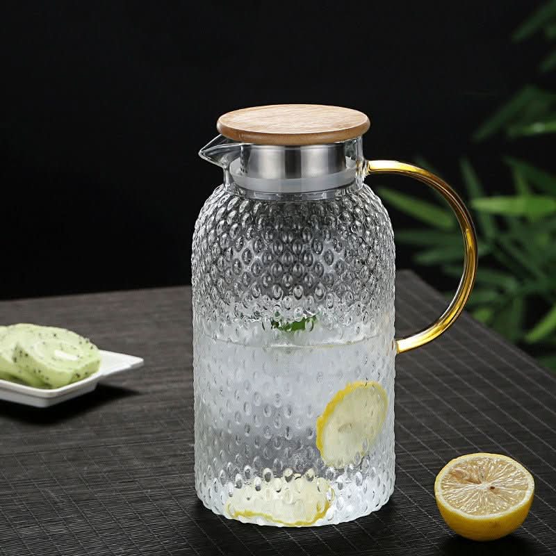 Heat Resistant Textured Glass Pitcher with Bamboo Lid for Hot and Cold Drinks