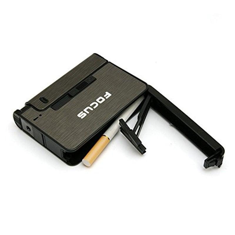 Metal cigarette case with built-in lighter open