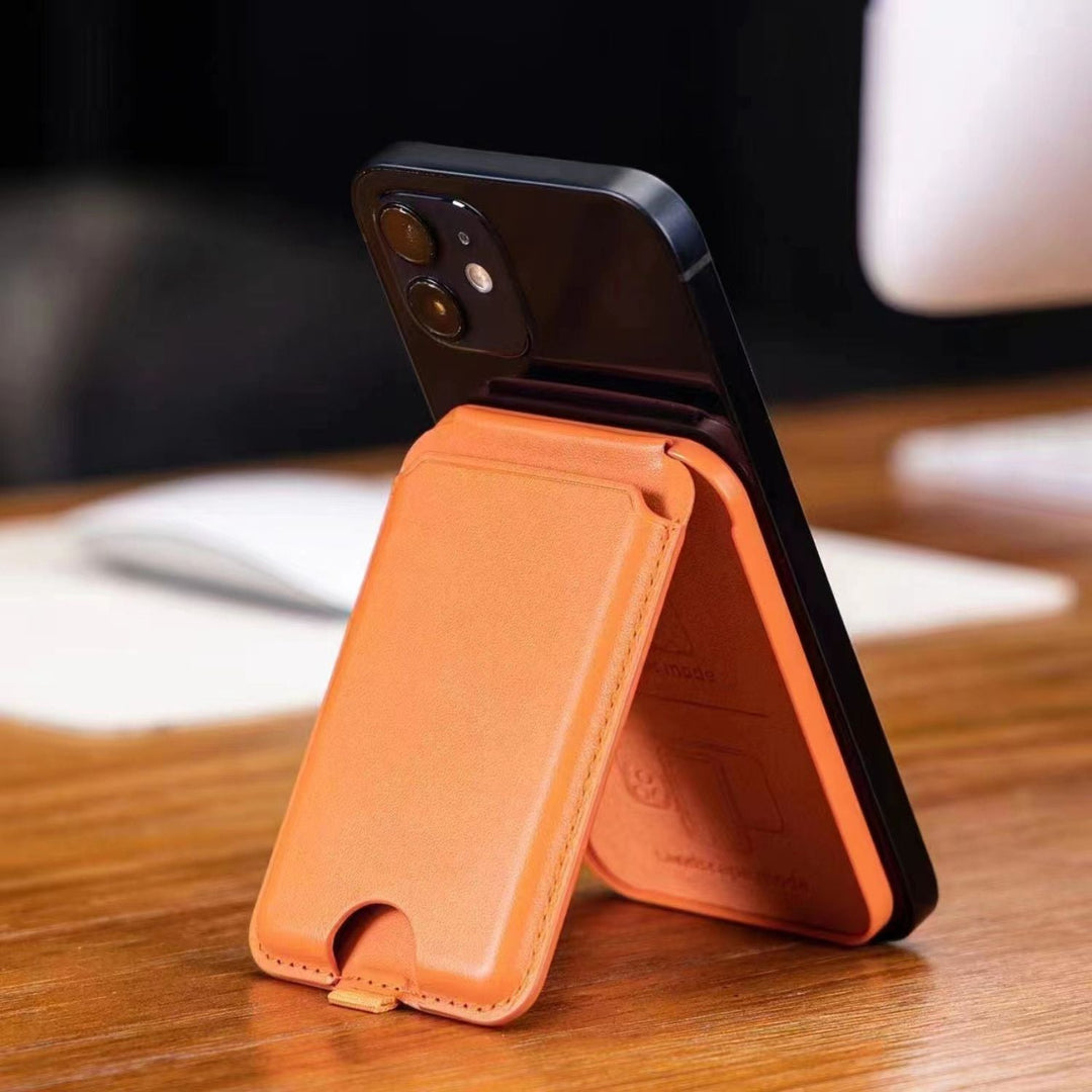 Magnetic wallet phone stand in use