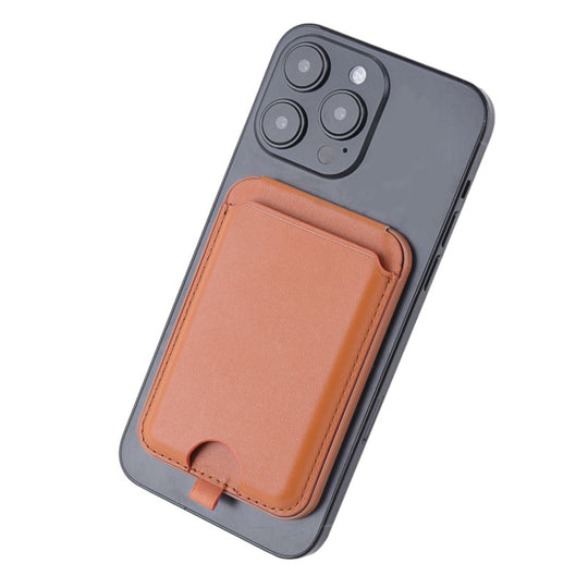 Brown magnetic wallet on phone